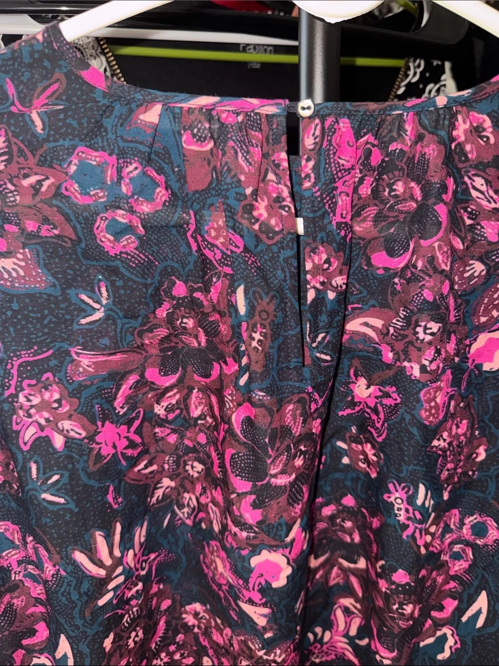 Ulla Johnson Navy Blouse with Pink Floral Print and Puff Sleeves